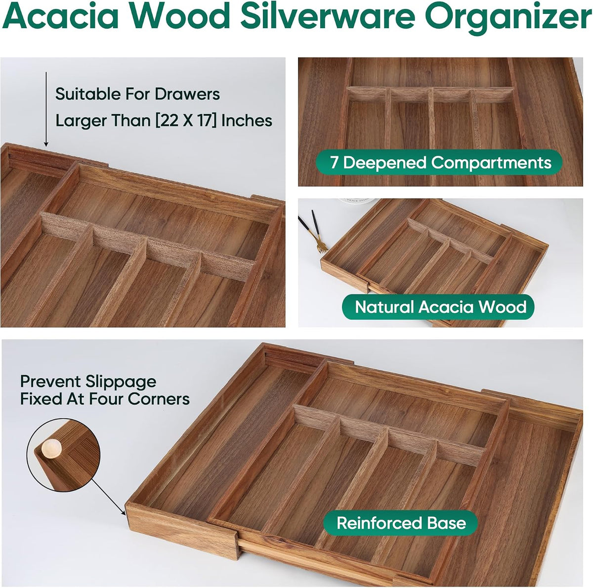 Acacia Wood Silverware Organizer, 7-Compartment Expandable Drawer Tray