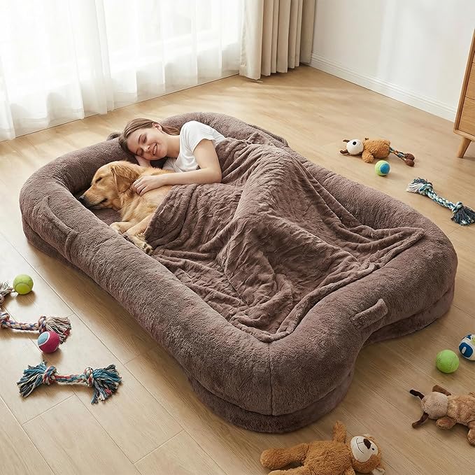 Human Dog Bed, 71 x 47 x 12 in Washable Extra Large Dog Bed for People, Giant DogBed with Storage Pockets, Brown
