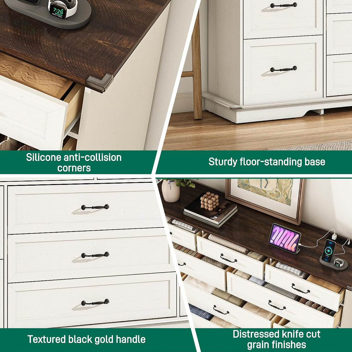 jiteentarou Farmhouse 9 Drawer Dresser for Bedroom,63” Wood Dresser & Chest of Drawers with Power Outlets,Large & Wide Dressers for Bedroom,Tall Storage Dresser Organizer(White)