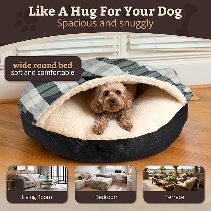 Snoozer Cozy Cave Dog Bed - Indoor Dog Bed with Cover Cave, Covered Calming Burrow for Medium & Large Sized Pets with Blanket Attached, Enclosed, Removable Washable Cover - XL, Barkley Black Diamond