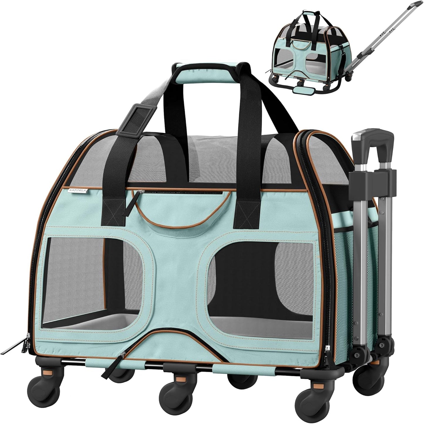 Katziela Pet Carrier - Airline Compliant Dog Carrier - TSA Approved Pet Carrier for Small Dogs and Cats - Soft FAA Travel Airplane Dog Carrier Luggage (Blue/Brown-6 Wheels)