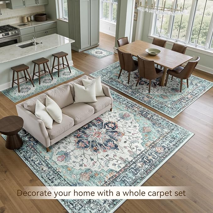 RELEANY Area Rugs Large 9'x12' Washable Non-Slip, Floral Vintage Distress