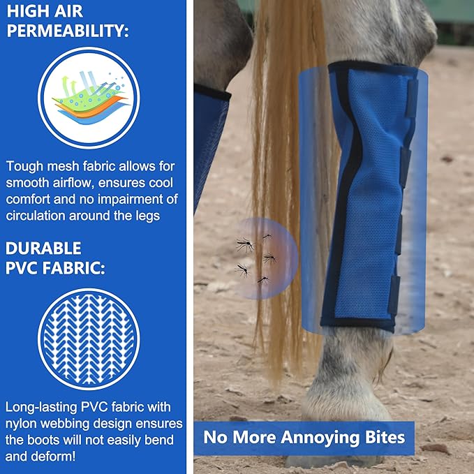 Horse Fly Boots Set of 4 - Non-Slip Leg Guards Extra Tough Mesh Ventilated, Adjustable Horse Fly Leggings Reduce Stomping & Hoof Stress & Leg Fatigue RoyalBlue Large