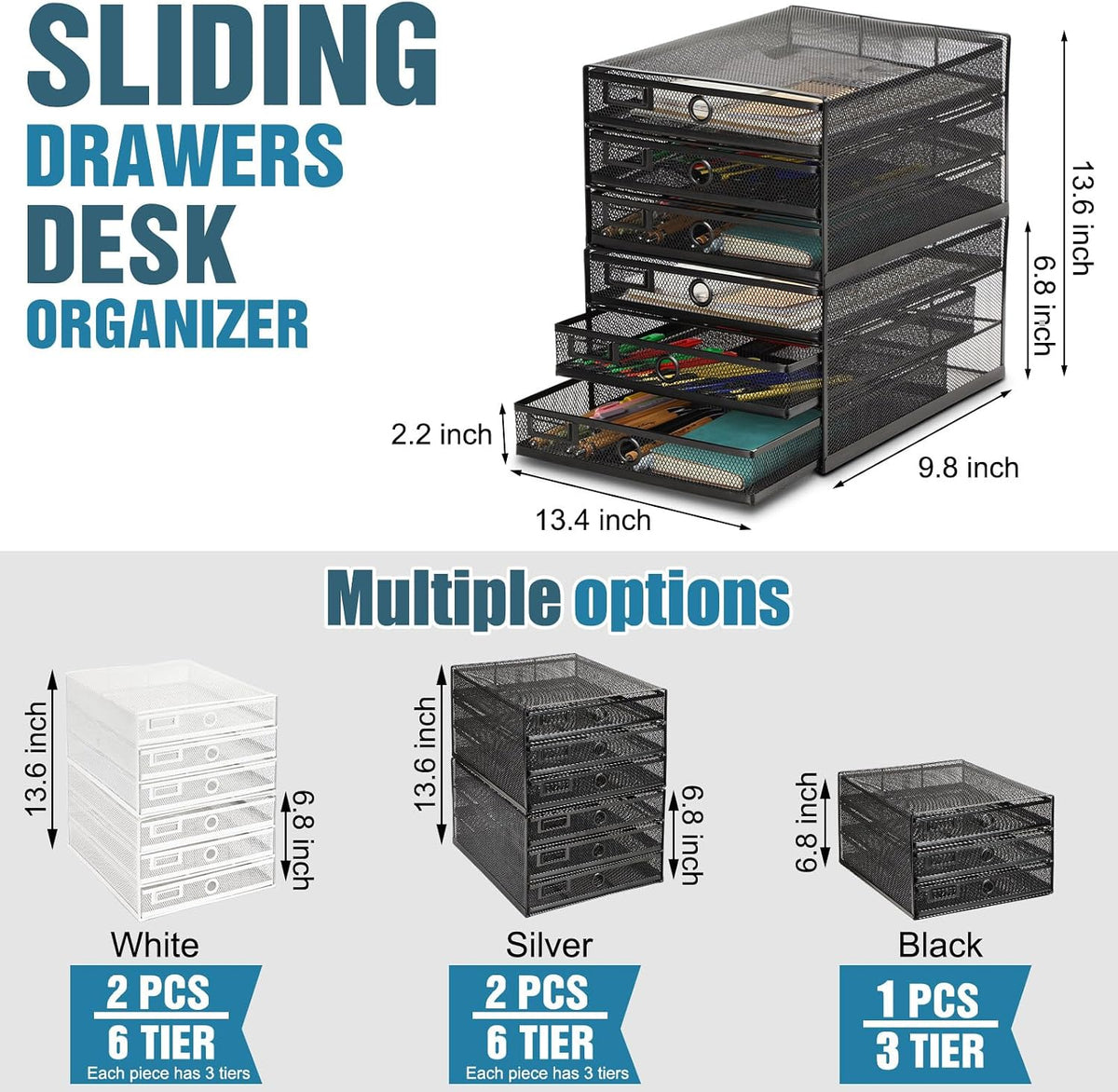 Zhanmai 2 Pack Black Desk Organizer Total Wire Mesh with Drawer, 3 Tier