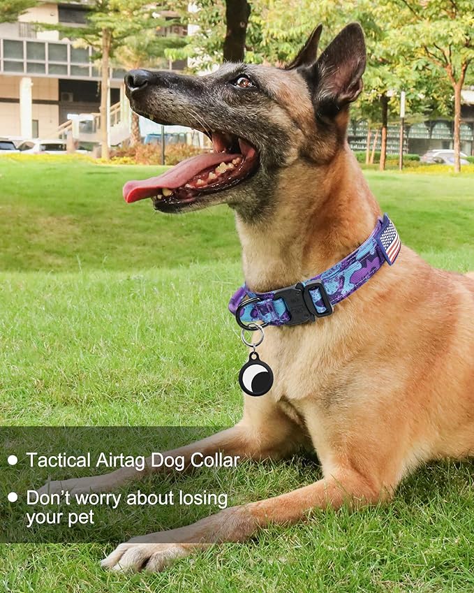 Hotsky Tactical Dog Collar and Leash Set, Heavy Duty Military Airtag Dog Collar with Handle and Metal Buckle for Training and Walking, with Airtag Holder and Two Patches (Purple Camo, L)