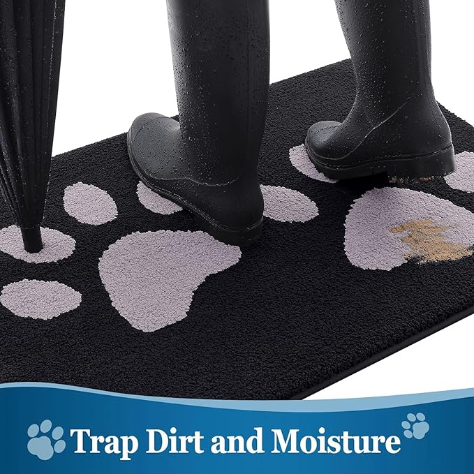 Buganda Dog Door Mat for Muddy Paws, Absorbent Dirt Trapper Washable Indoor Doormats, Non Slip Low-Profile Mud Mat for Dogs, Front Entrance Doormat for Inside Floor (59x24 Inches, Black and Grey)