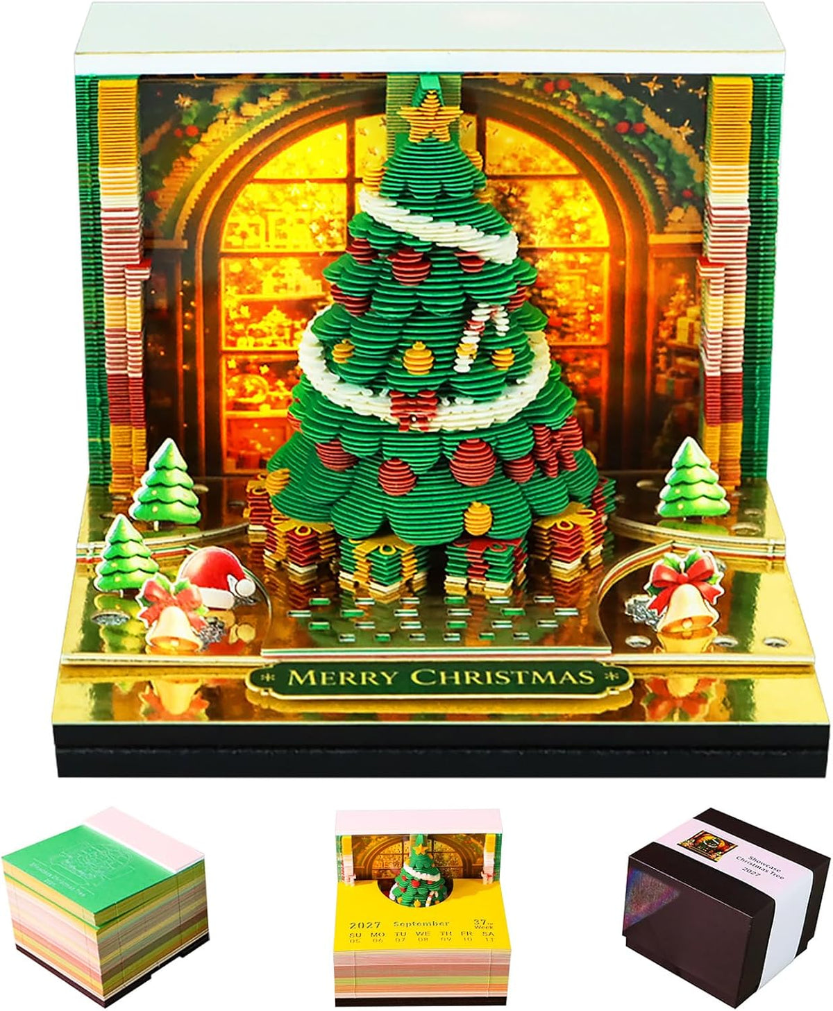 3D Calendar 2027,3D Art Desk Time Piece Calendar Tear-Away Memo Pad DIY Note Pad for Record, Bookmark, Gift & Office Decor (Christmas Tree)