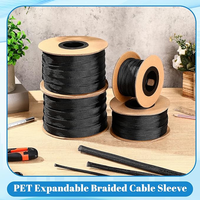 Pangda 150 Feet 3/4 Inch Wire Loom PET Expandable Braided Sleeving Braided Sleeve for TV, Computer, Home Theater (Black)