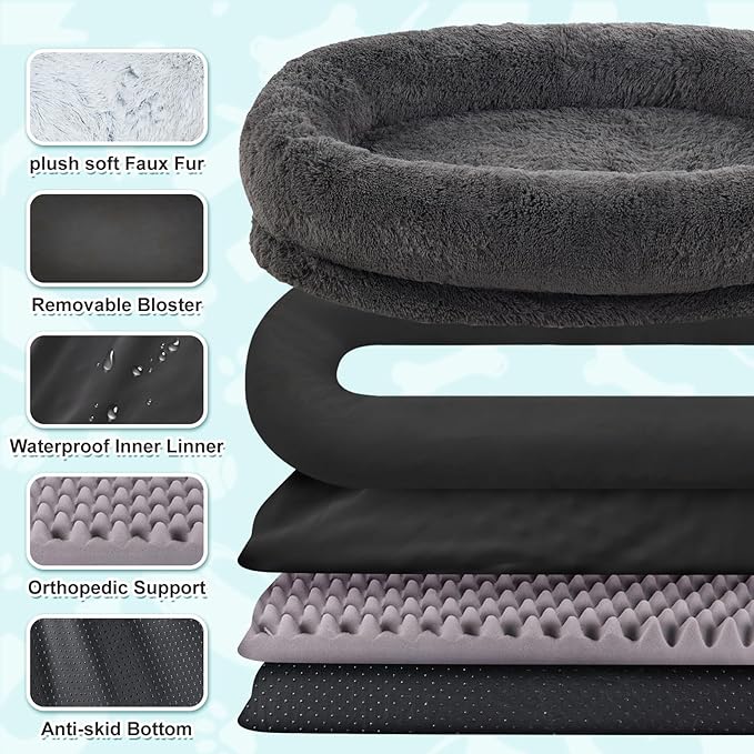 YAEM Human Dog Bed, 71"x45"x12" Calming Giant Human Size Dog Bed for Adults, Washable Faux Fur Orthopedic Napping Pet Beds with Non-Slip Bottom, Dark Grey
