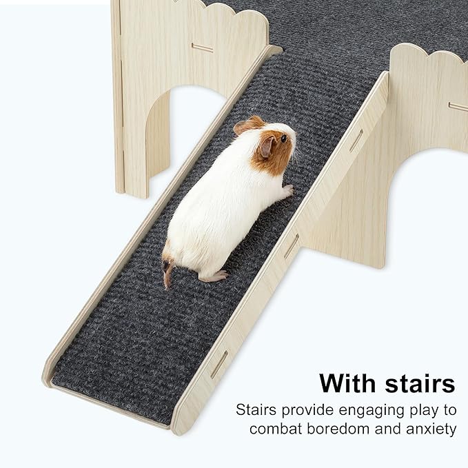 Guinea Pig Hideout, Wooden Small Animal Castle Habitat with Stairs, Hamster Bunny Chinchilla Hideaway Hut for Playing Hiding, Beige, Black, 1 Set