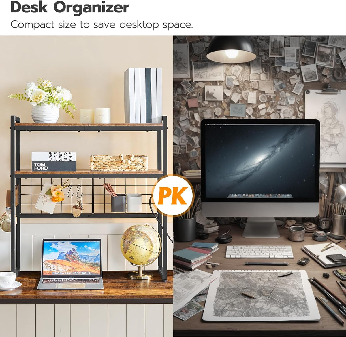 HOOBRO Desktop Bookcase, 2-Tier Desktop Organizer, 29.9" Wooden Office Storage Rack with Outlets, Display Shelf Rack with Light Strip, Desk Hutch for Office, Rustic Brown BF11UDSJ01