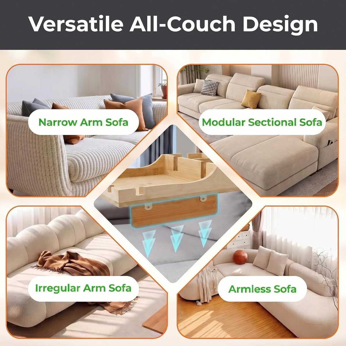 Couch Tray Insert with 2 Cup Holders, 2-in-1 Bamboo Insert & Flat Sofa Organizer, Fits Sectionals or Ottomans for Drinks, Snacks and Remotes, 15.35" x 9.84"