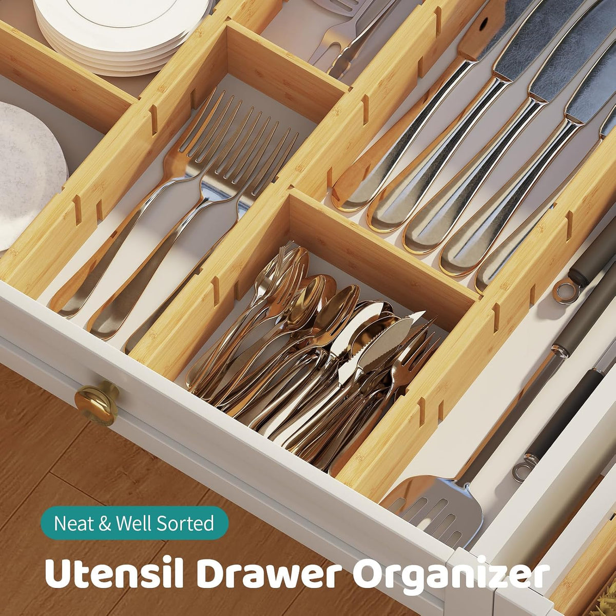 8 Pack Kitchen Drawer Dividers with Inserts, Bamboo Adjustable Drawer Organizers, Expandable Organization for Home, Dressers, 8 Dividers with 16 Inserts