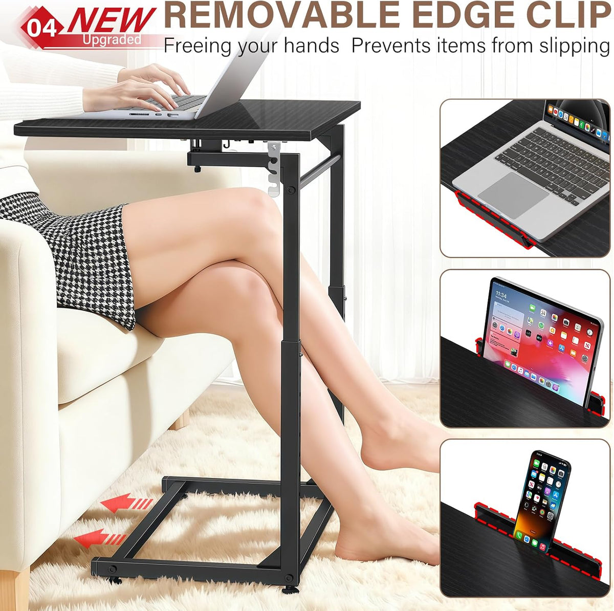 Extra Large Heavy Duty TV Tray Table, 23.6" Folding C-Shaped Laptop Desk for Couch & Bed, Height & Tilt Adjustable Overbed End Table with Phone/Tablet Slot, Easy Clean Black Finish for Small Spaces
