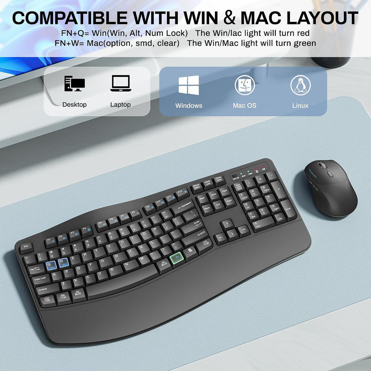 Wireless Keyboard and Mouse Combo,2.4G Full Size Ergonomic Wave Keys(Gray)