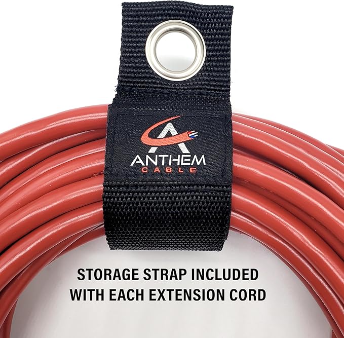 100 ft - 14 Gauge Extension Cord Outdoor - Made in USA - Lighted on Both Ends - Red Outdoor Extension_Cord Waterproof by Anthem Cable - Heavy Duty ExtensionCord 100 ft 13 Amp Extension