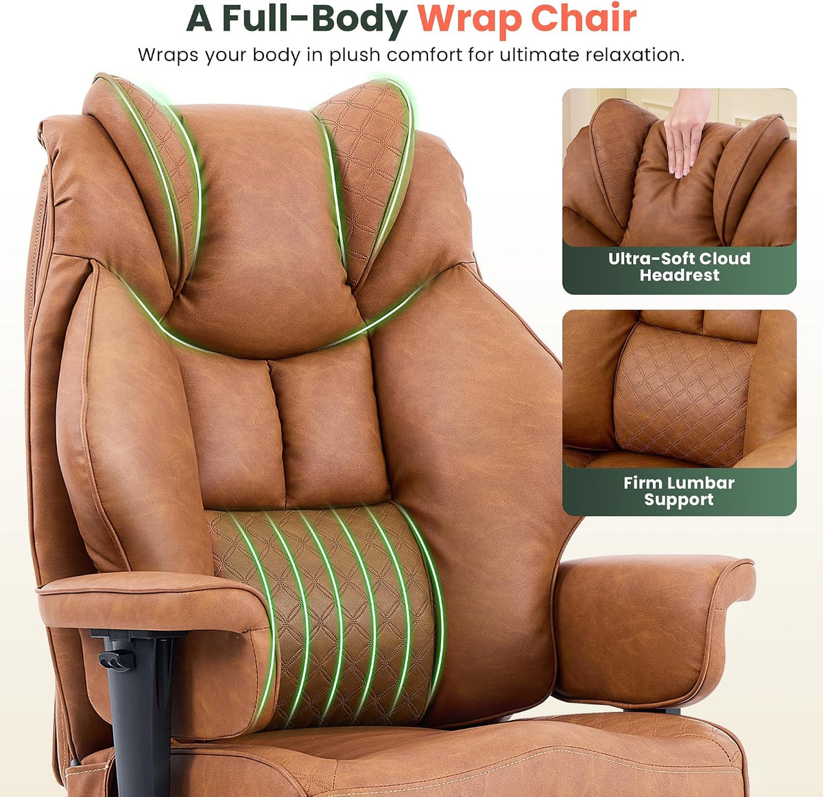 CIOMAN 500lbs Big and Tall Office Chair Adjustable Lumbar Support, Extra Wide Seat Ergonomic Gaming Chair with Footrest, Heavy Duty High Back Executive Leather Computer Desk Chair, Brown