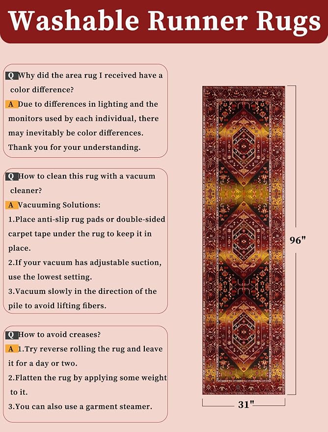 SERISSA Runner Rug for Hallways, Long Boho Rug Vintage Rustic Red Gold Hallway