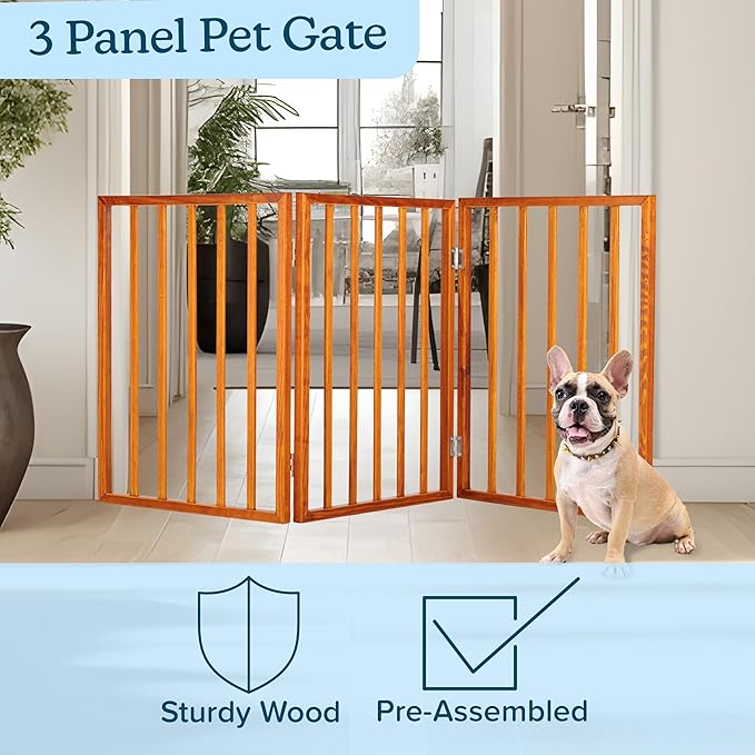 Pet Gate - 3-Panel Indoor Foldable Dog Fence for Stairs or Doorways - 54x24-Inch Retractable Wood Freestanding Dog Gates by PETMAKER (Mahogany)