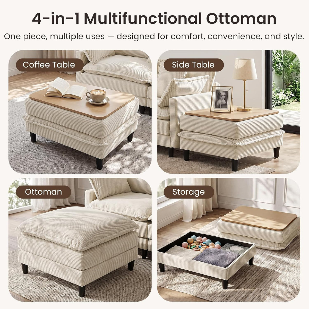 Corduroy Storage Ottoman Coffee Table for Modular Sectional Couch, Corduroy Footrest Extension with Hidden Storage, Modern Soft Cushioned Stool for Living Room, Cream