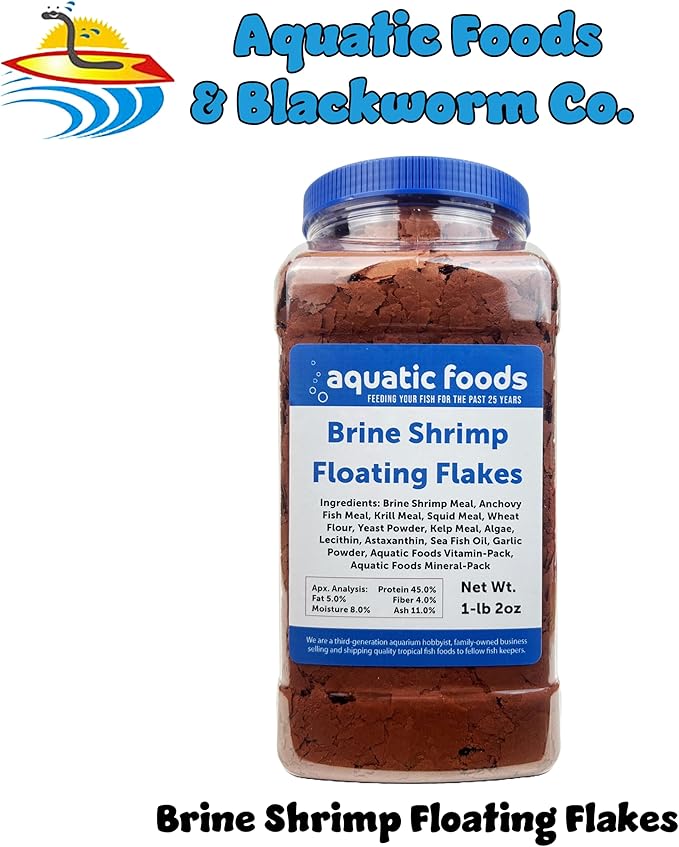 Aquatic Foods Inc. Brine Shrimp Flakes for All Freshwater Fish, All Marines, Tangs, Butterflies, Angelfish, Anthias, Clown Fish Also Pellet Mix, Wafer Mix Included…1-lb 2oz Jar
