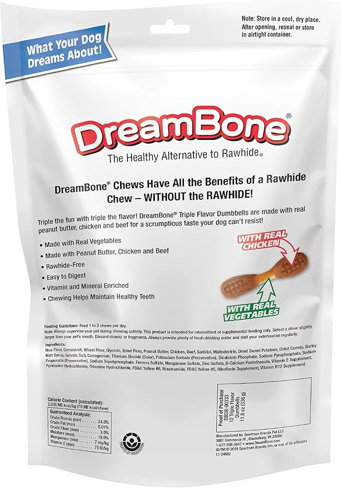 Dreambone Triple Flavor Dumbbells with Chicken 10 Count, Rawhide-Free Chews for Dogs (Pack of 24)