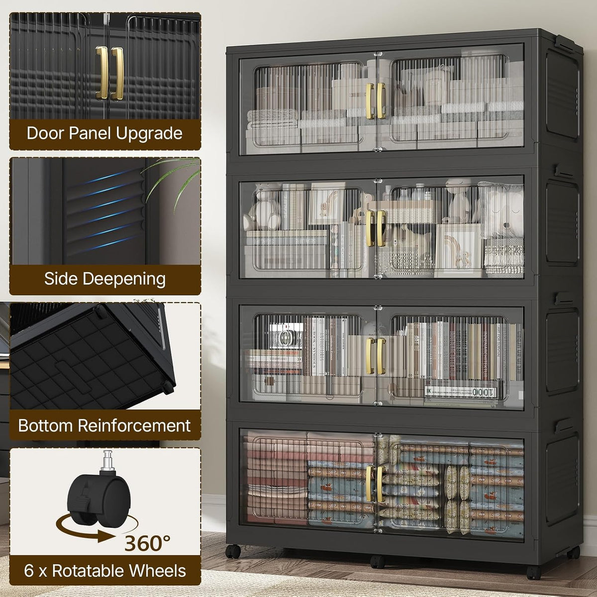 210Gal Extra Large Stackable Storage Bins with Lid, 840QT Foldable Collapsible Storage Box with Doors and Wheels, Plastic Closet Organizers Container Drawer for Bedroom Kitchen Garage, 3Pack
