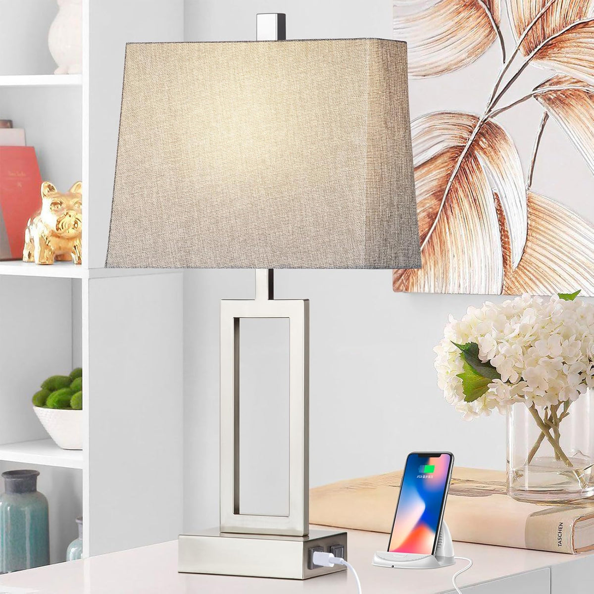 Rinweey 23.5" Touch Control Table Lamps Set of 2, Modern Silver Bedside Lamps with USB A+C Ports & AC Outlet, 3 Way Dimmable Contemporary Nightstand Lamps for Bedroom Living Room(2 LED Bulb Included)