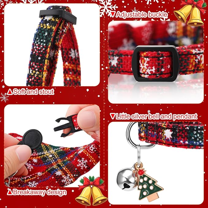 6 Pack Christmas Cat Collar with Bow Tie Bandana and Bell, Breakaway Adjustable Cat Bow Tie Collars, Xmas Accessories for Kittens Or Certain Puppies