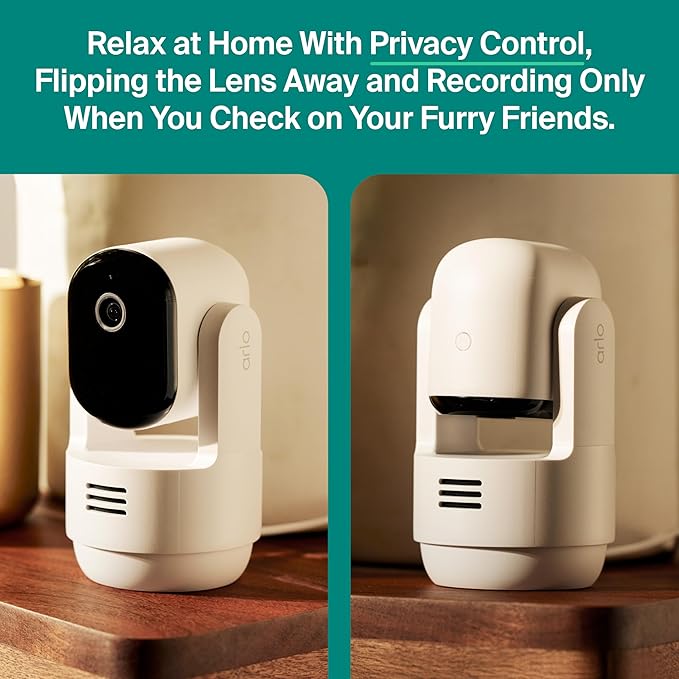 Arlo Essential Indoor Pan Tilt Security Camera 2K (2025 Release) - Wired Plug-in Power, Person Recognition, Animal Detection, Animated Preview, 1-Month Secure Plan, Auto Motion Tracking, 2 Cam, White