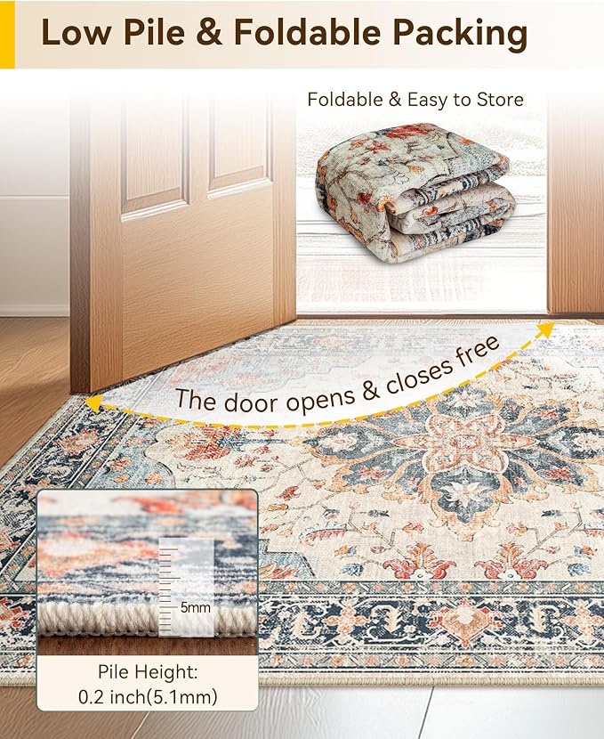 RELEANY Area Rugs Runner 3'x20' Washable Non-Slip, Floral Vintage Distress