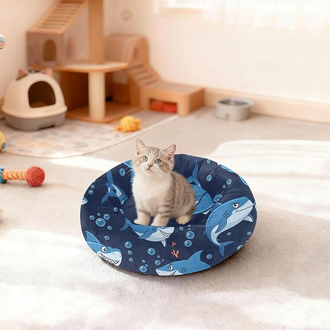 Burbuja Sharks Donut Pet Bed, Calming Soft Dog Bed with Anti-Slip Bottom, Round Cuddler Support for Dogs & Cats, Washable 20 in