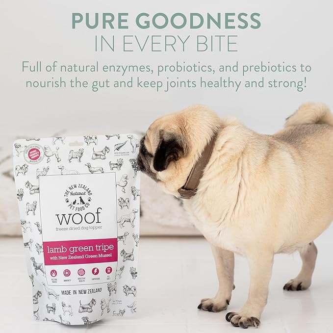 The New Zealand Natural Pet Food Co. WOOF Freeze Dried Dog Topper – Lamb Green Tripe, High Protein, Digestive Support, Topper or Treat – 6.3 oz