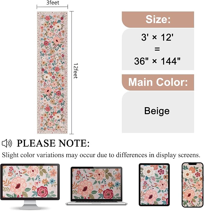 DUKINO 3x12 Washable Runner Rug, Non Slip Soft Floral Hallway Runner Rug