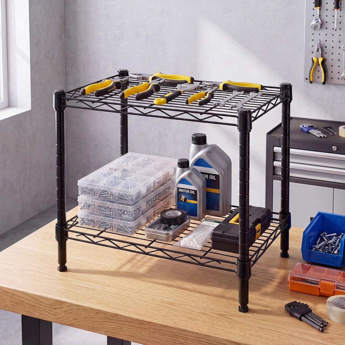 2-Tier Storage Shelf, Heavy Duty Adjustable Organizer Rack, Black