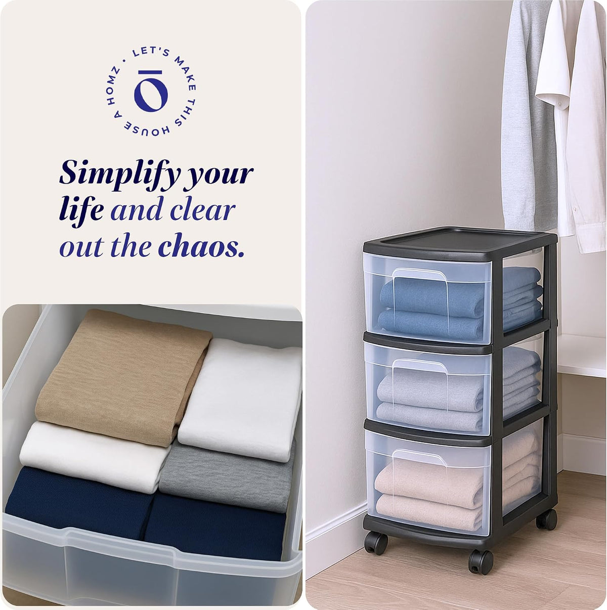 HOMZ Drawer Tower 3-Tier Storage Cart, Removable Wheels, Black Frame,2 Pack