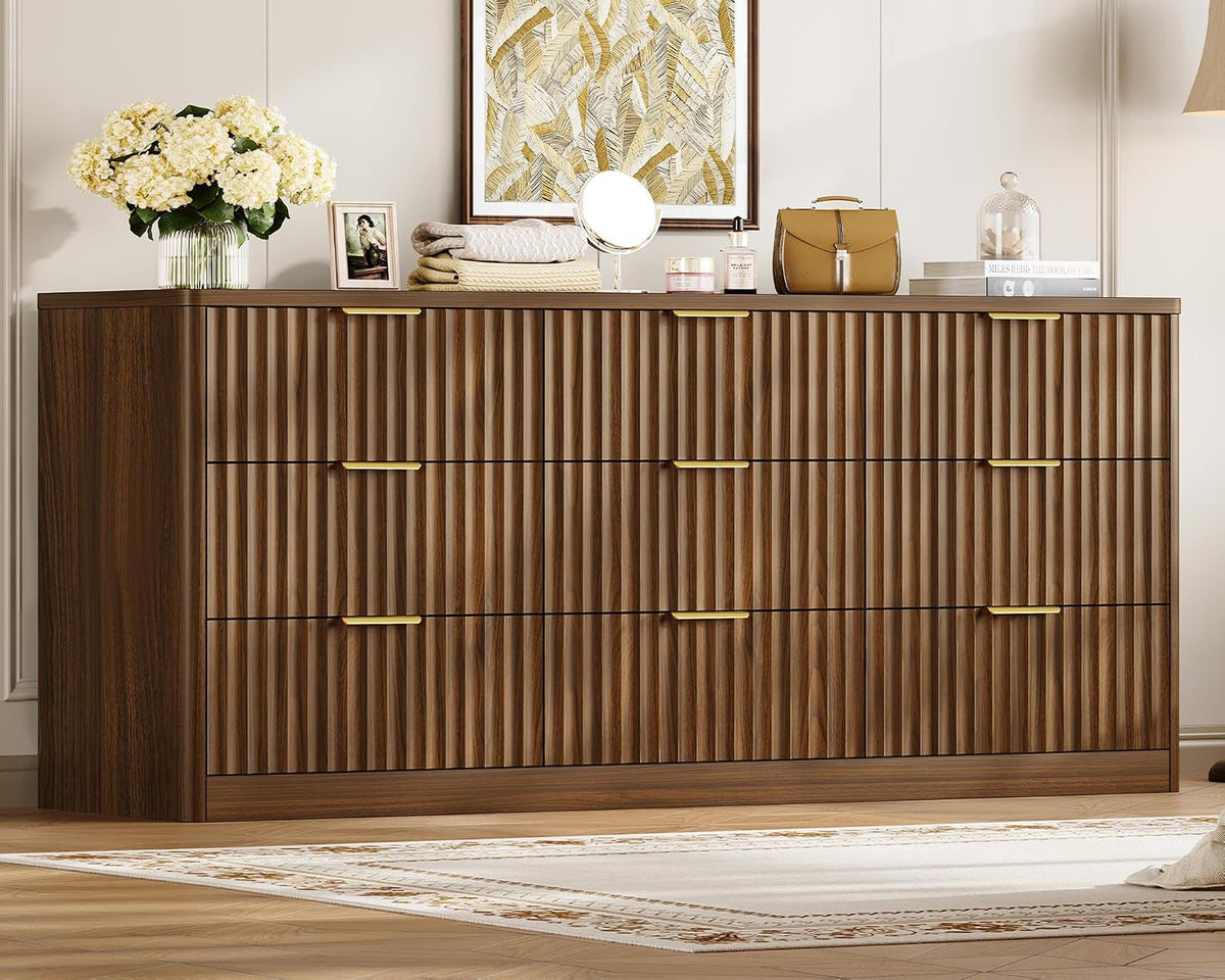 TEENFON 63" Dresser for Bedroom with 9 Drawers, Modern Dressers & Chest of Drawers with Metal Handles, Fluted Dresser, Wood Closet Clothes Storage Organizer for Living Room, Hallway, Walnut