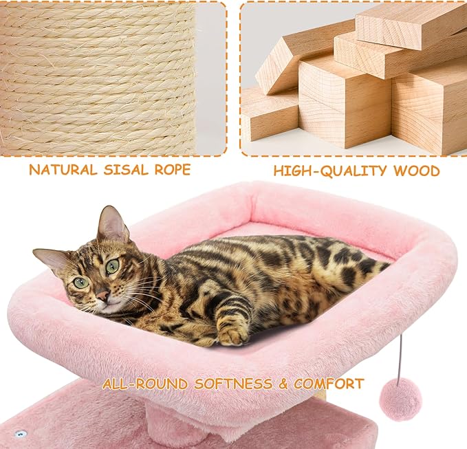34'' Small Cat Tree with 2 Condos, Sisal Scratching Posts & Board, Multi-Level Climbing Tower for Indoor Cats, Sturdy Light Grey Cat Activity Center - Soft Pink
