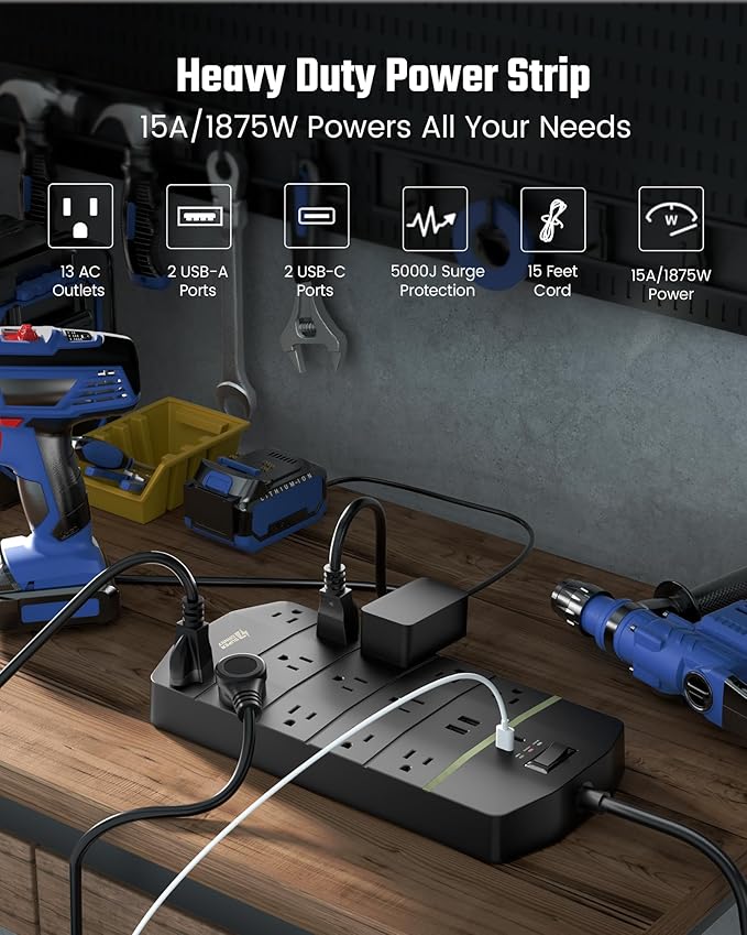Power Strip,SUPERDANNY 5000 Joules Surge Protector with 13 AC Outlets 2 USB-A & 2 USB-C PD 20W Fast Charging Heavy Duty 14AWG/3C Industrial Grade 15ft Extension Cord for Workbench Home Office Black