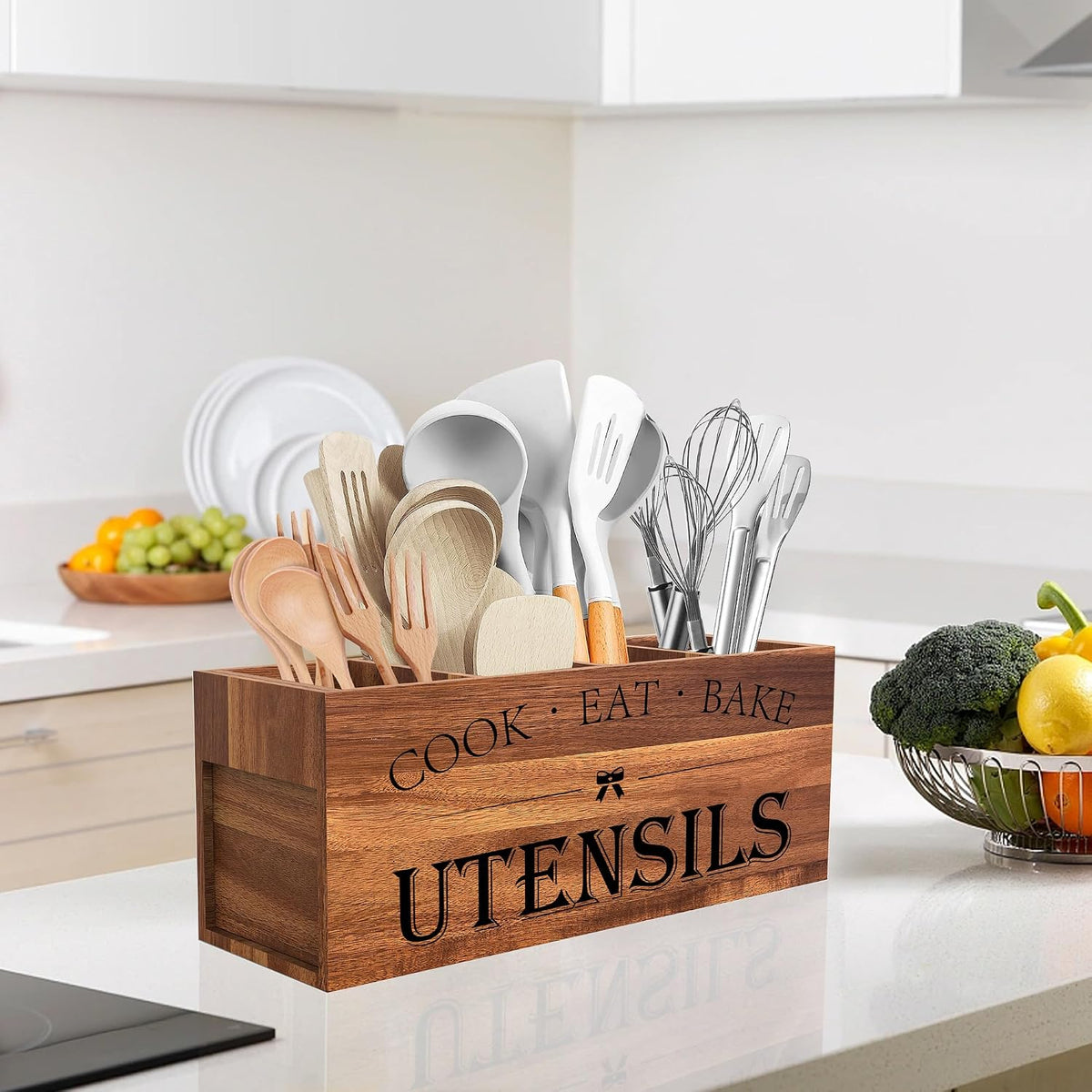 Suli Extra Large Utensil Holder Countertop for Kitchen Counter,Acacia Wood