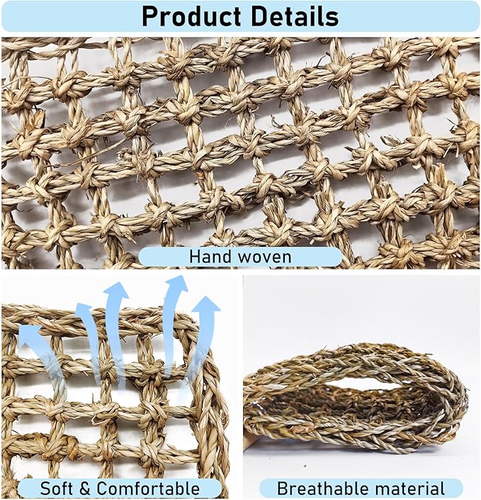 VCEPJH Bearded Dragon Hammock Large Reptile Window Perch Seagrass Climbing Tank Accessories Lizard Lounger Bed with Powerful Suction Cups Bearded Dragon Toys for Gecko Chameleon Basking (19.68 * 7.87)