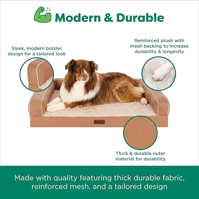 Furhaven Cooling Dog Sofa Bed – Memory Foam Couch with Bolsters, Textured Plush & Water-Resistant Cover, Washable Cover - Camel, Jumbo
