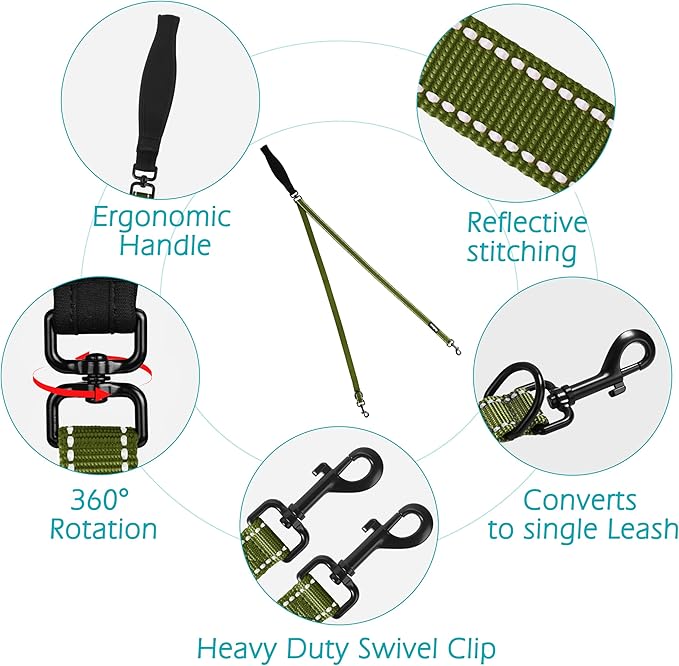 PetBonus Two Point Control Dog Leash, Works with No Pull Harnesses, No Tangle Training Leashes, Soft Padded and Reflective Walking Lead, Converts to Single Lead for Medium Large Dogs (Khaki Green)
