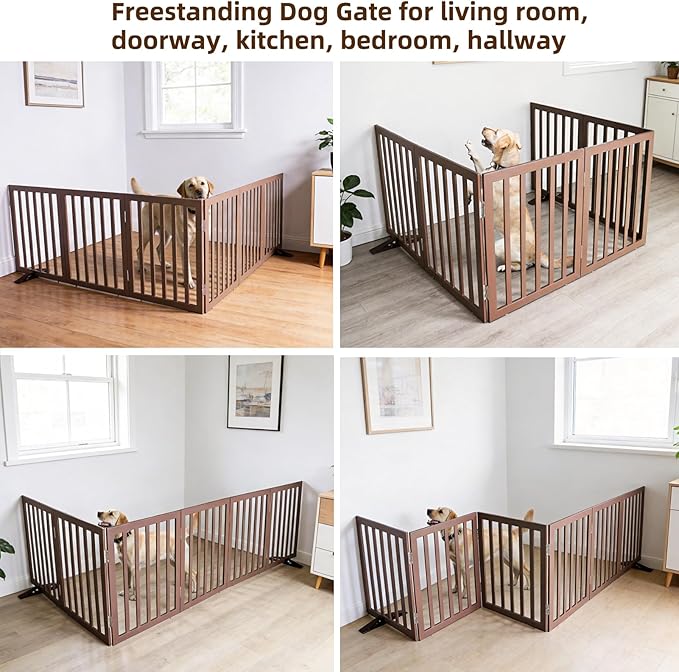 ZJSF Freestanding Indoor Dog Gate for House Foldable Wood Puppy Gate for Doorways Pet Gate for Stairs Extra Wide Pet Fence, Brown, 32" Height 6 Panels