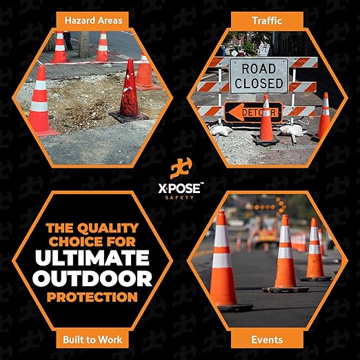 Xpose Safety 36 Inch Orange Slim Line Traffic Cones Heavy Duty 12lb with 6" & 4" Collars, 24 Pack Multipurpose PVC Plastic Safety Cone for Parking, Soccer, Caution, Kids & Construction - DOT Approved