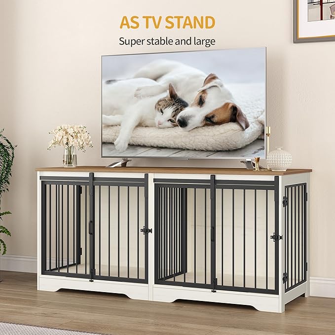 54" Dog Crate Furniture for 2 Dogs, Double Dog Cage with Divider, Wooden Heavy Duty Dogs Kennel, Pet Cage with Barn Door, TV Stand for Large Small Medium Pet, White Brown DFC88314B