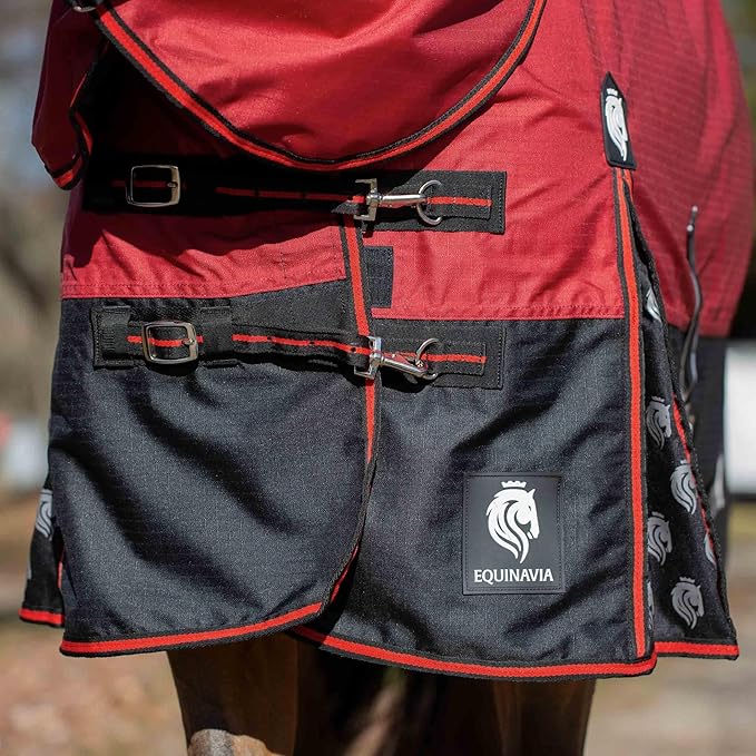 Equinavia Norse Lightweight 100g Fill Horse Rain Blanket | Waterproof Turnout Sheet - Black - 66 in - Equestrian Red - 81 in