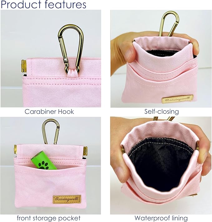 Pocket Sized Pet Training Pouch, Cotton Fabric, Hand Free Dog Walking Bag with Carabiner Self-Closing Pet Feed Snack Reward for Puppy Travel or Outdoor Use (PINK)