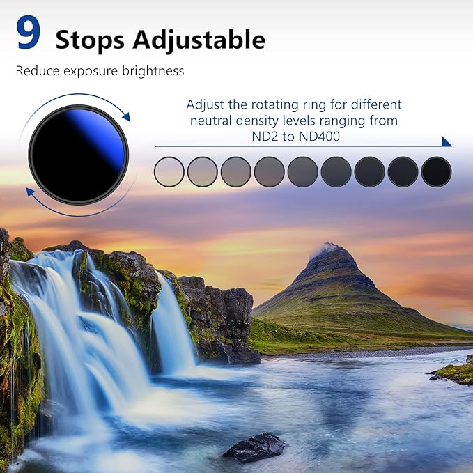 NEEWER 52mm Variable ND Filter ND2-ND400, Neutral Density Filter, Water and