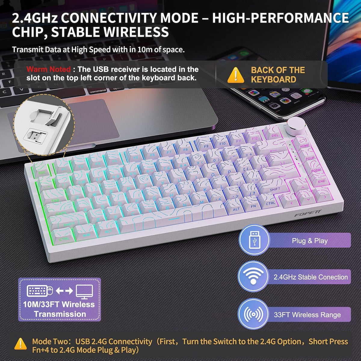 FOPETT Wireless Mechanical Keyboard Rechargeable Adjustable Backlight Three Mode Wired /2.4G /Bluetooth Side Engraved for Laptop/Windows/PC - Contour Lines White